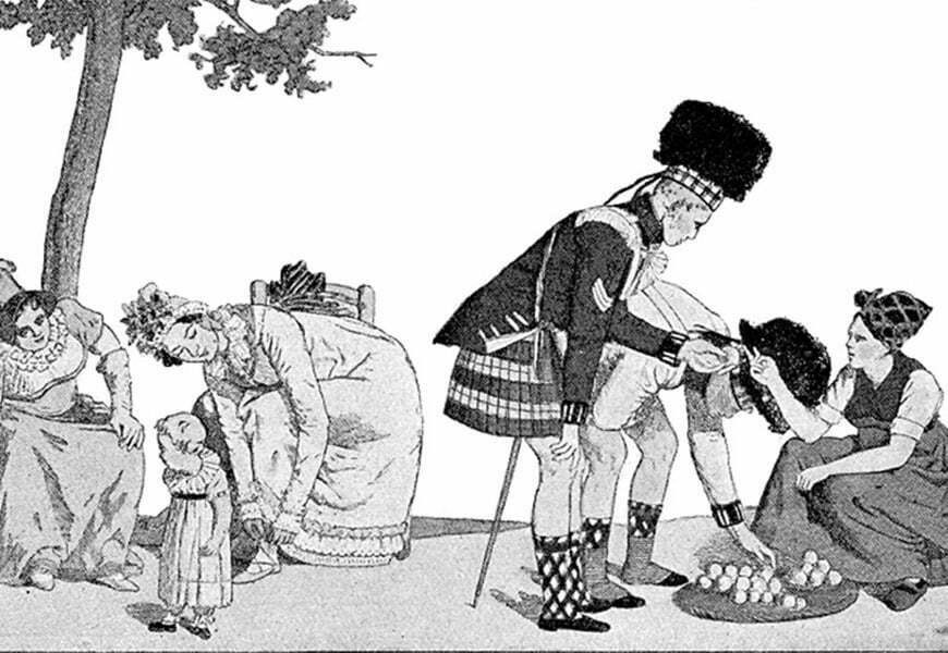 caricature representant un soldat en kilt ecossais devant des femmes europeennes